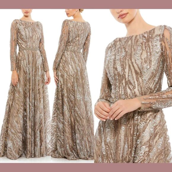 NWT $798 Mac Duggal [ 14 ] Sequin Long Sleeve Bateau A-Line Gown Mocha #G1434‎ - Picture 1 of 16